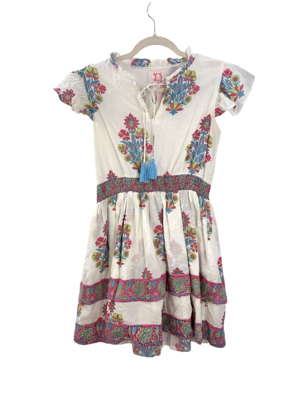 Victoria Dunn Magnolia Mini Dress XS Floral Block Print Smocked Cotton